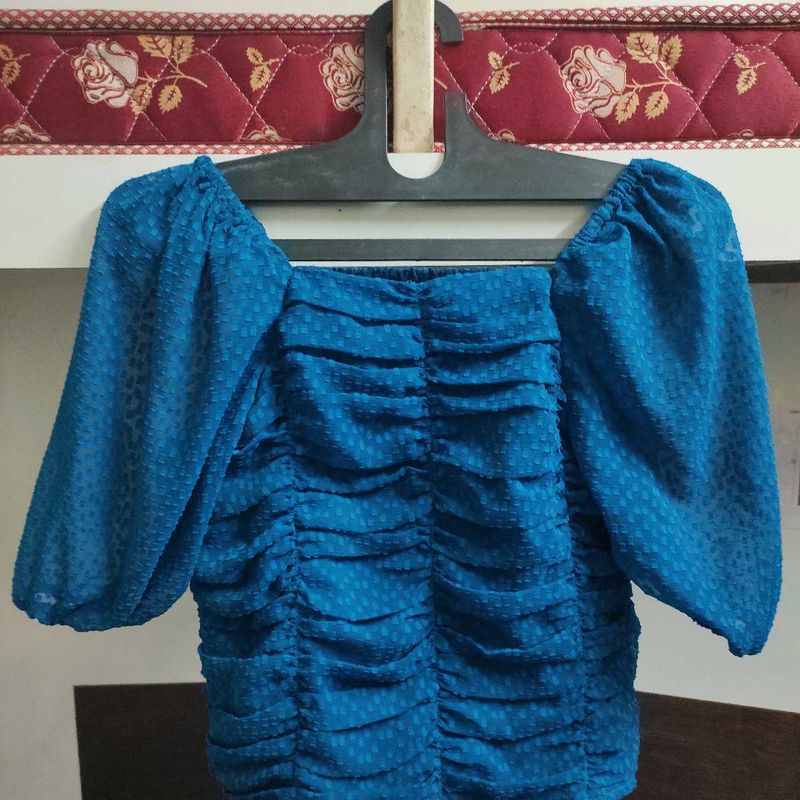Blue Ruched Puff Sleeve Top
