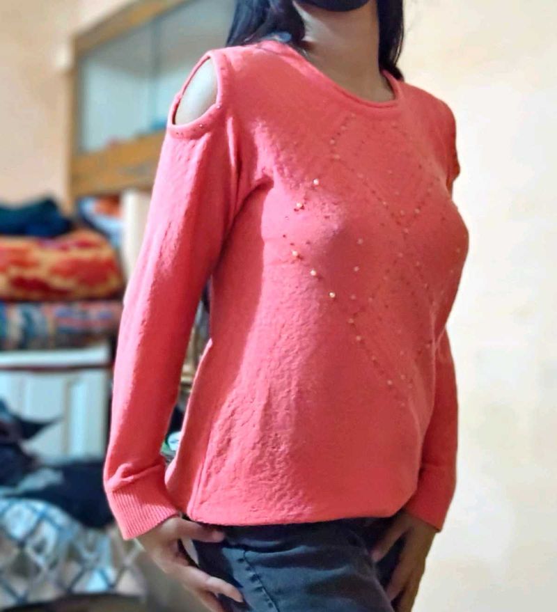 Coral Cut-Out Shoulder Sweater