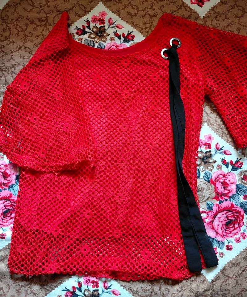 Women's Red Fishnet Top