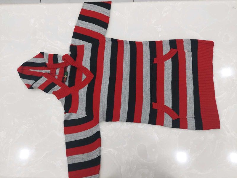 Red Black Gray Striped V-Neck Sweater
