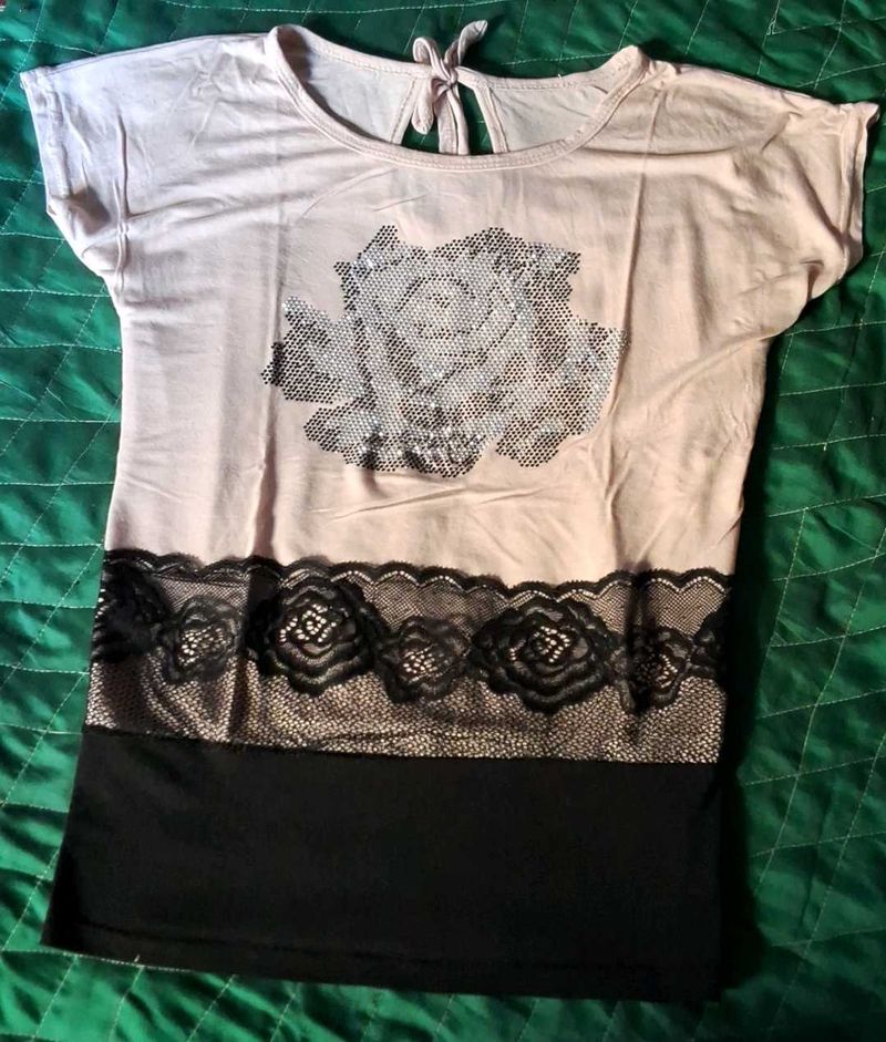 Rose Print Top with Lace Detail