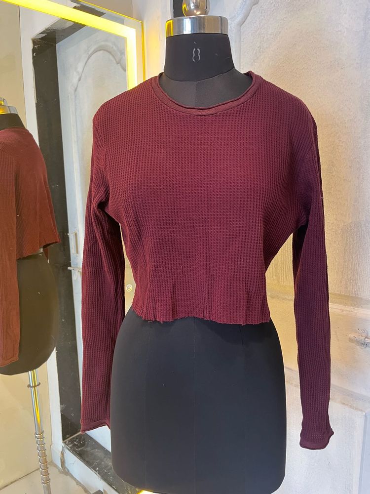 Maroon Waffle Knit Cropped Top