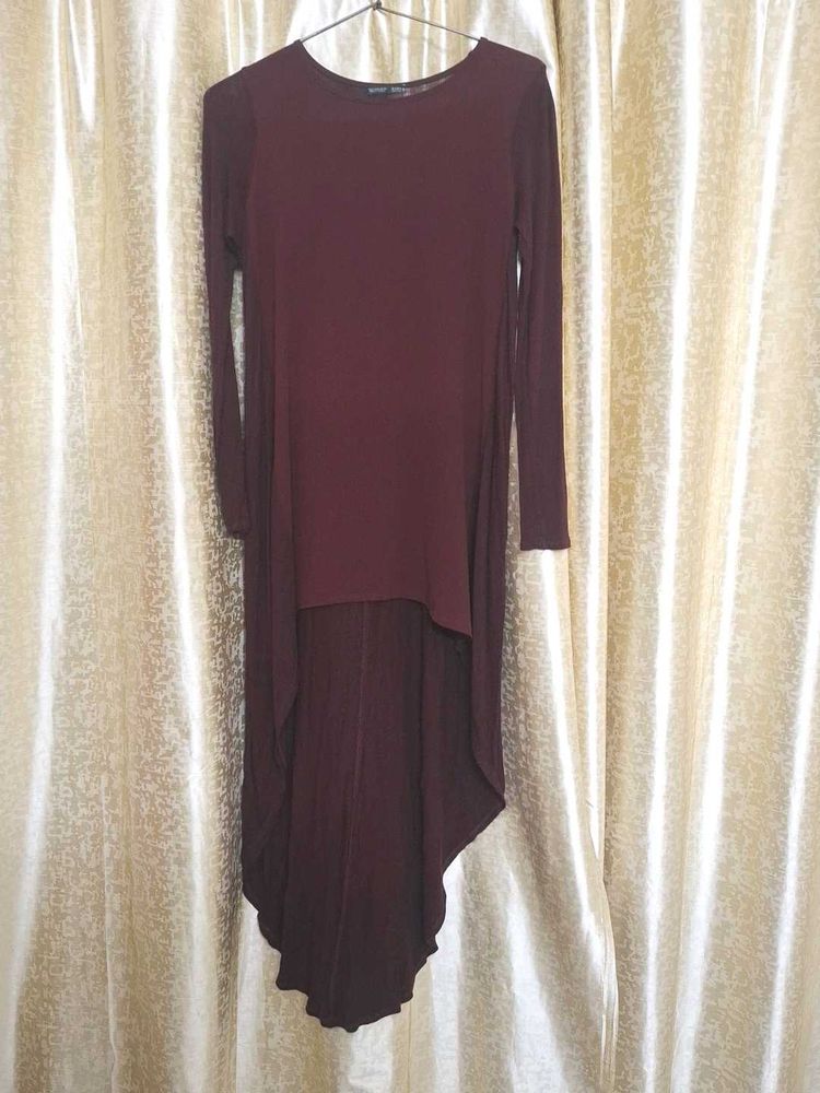Maroon Long Sleeve Asymmetrical Dress