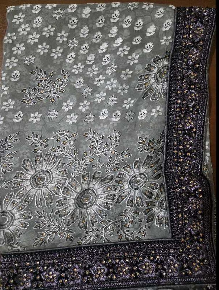 Elegant Grey Floral Embellished Saree