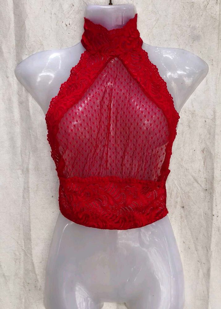 Red Lace Halter Neck Crop Top