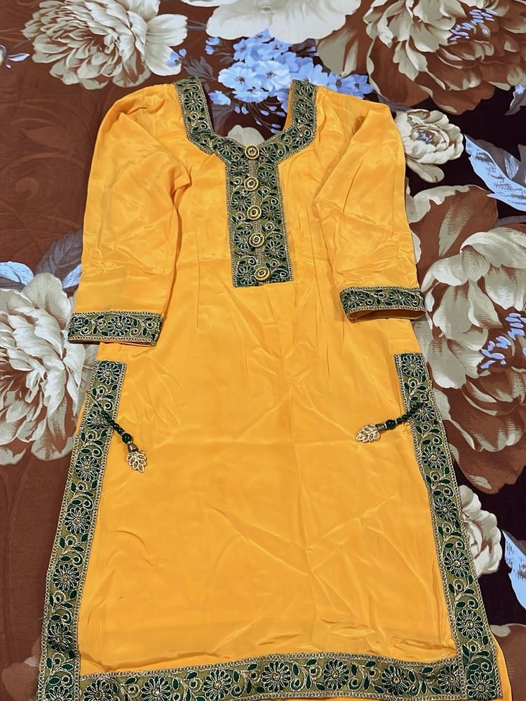 Yellow Kurta Set with Green Embroidery