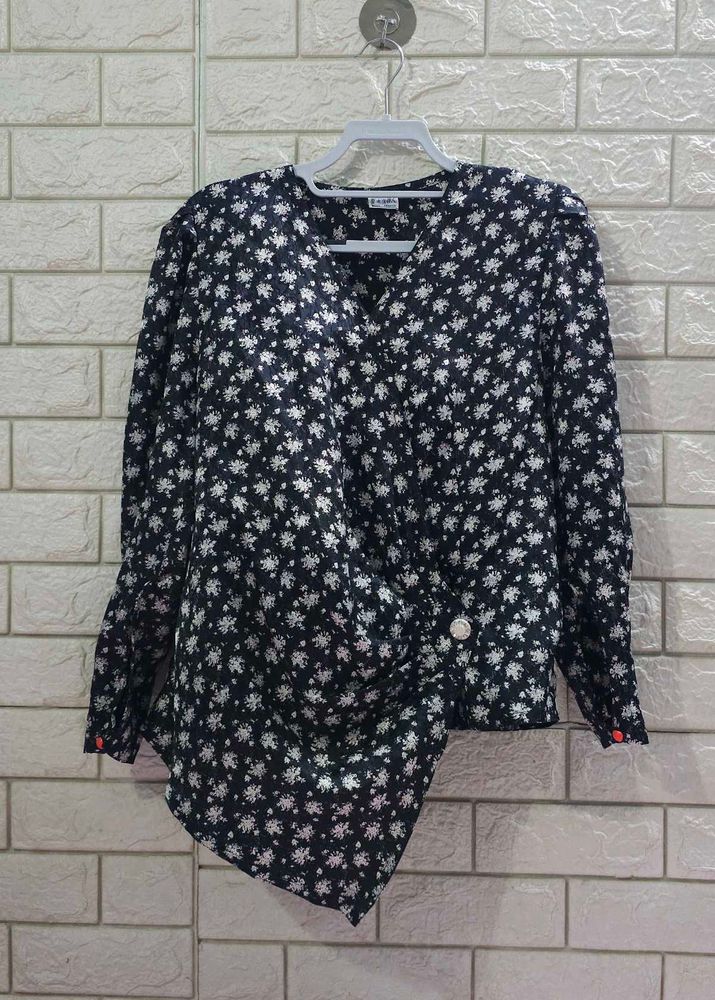 Korean Floral Print Wrap Top