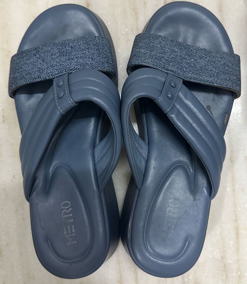 Blue Wedge Sandals with Denim Strap