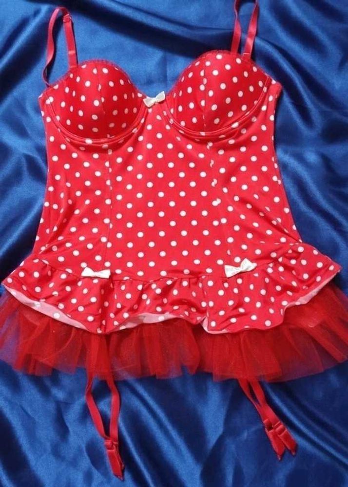 Red Polka Dot Bustier &amp; Thong, fishnet stockings