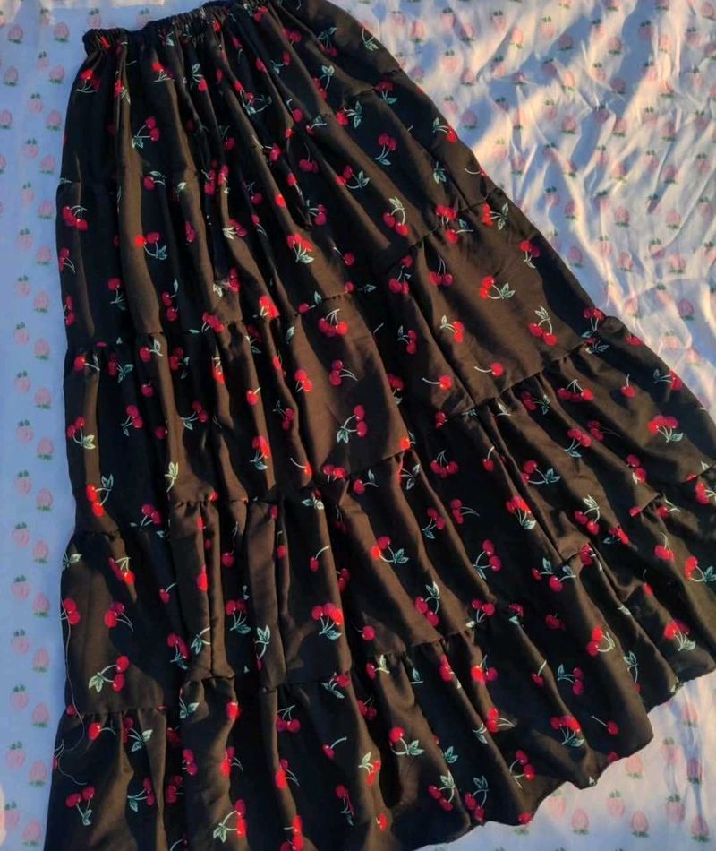 Black Cherry Print Tiered Midi Skirt