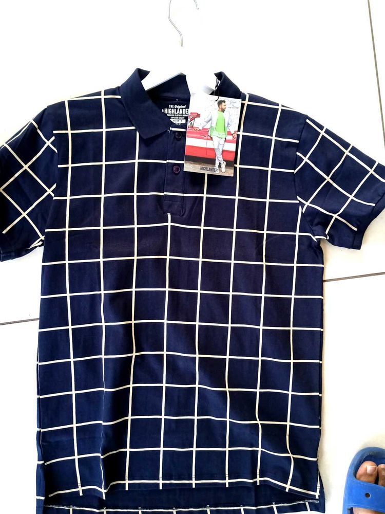Navy &amp; White Grid Polo Shirt Unused Fresh Piece