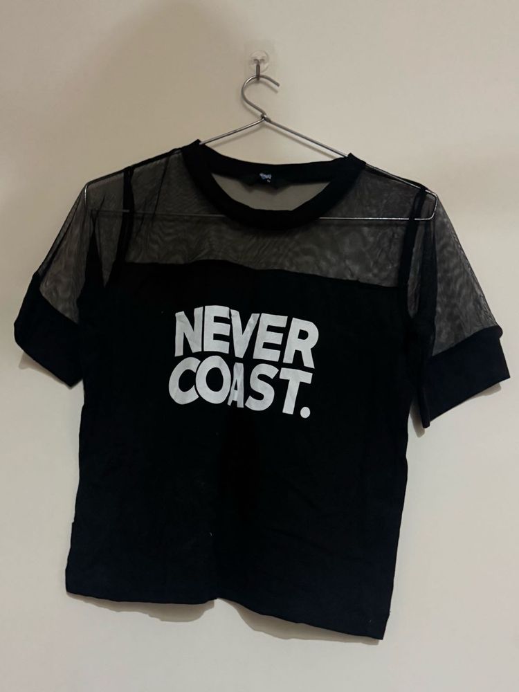Sheer Mesh "Never Coast" Graphic Tee