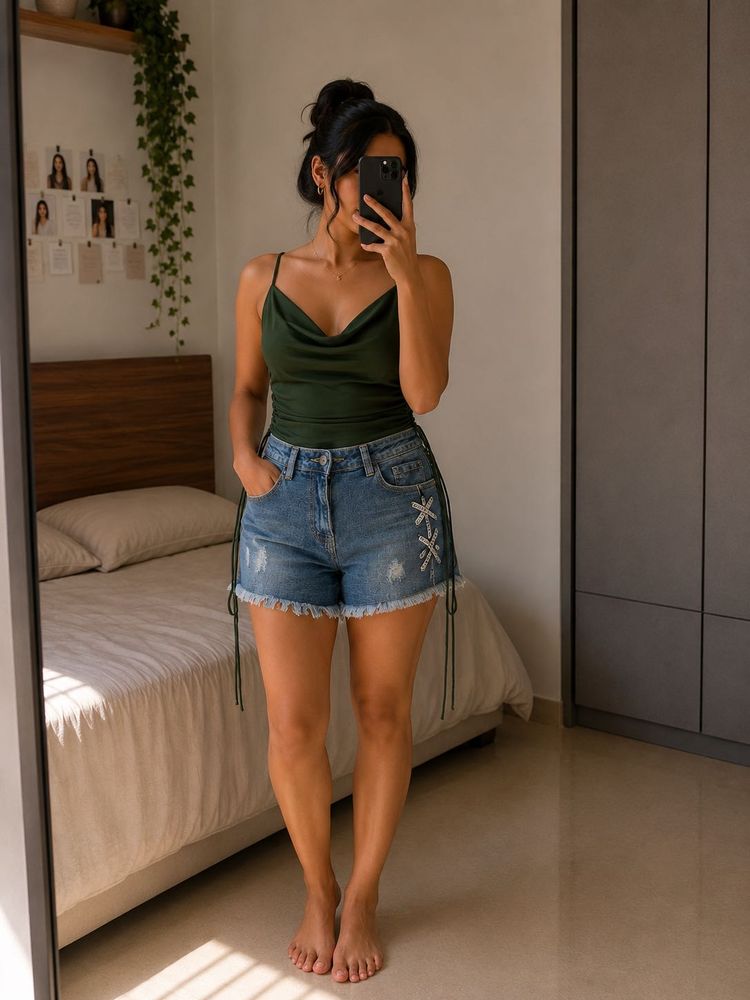 Distressed Denim Shorts with Lace-Up Detail