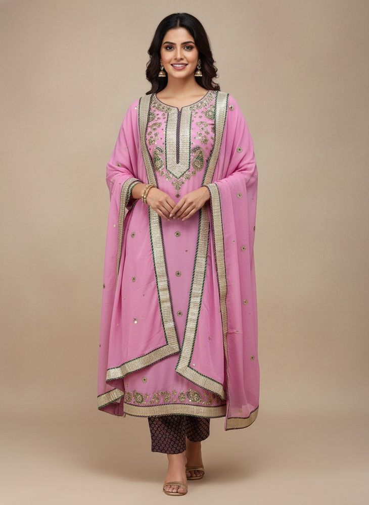 hand embroidered gota work pink georgette suit