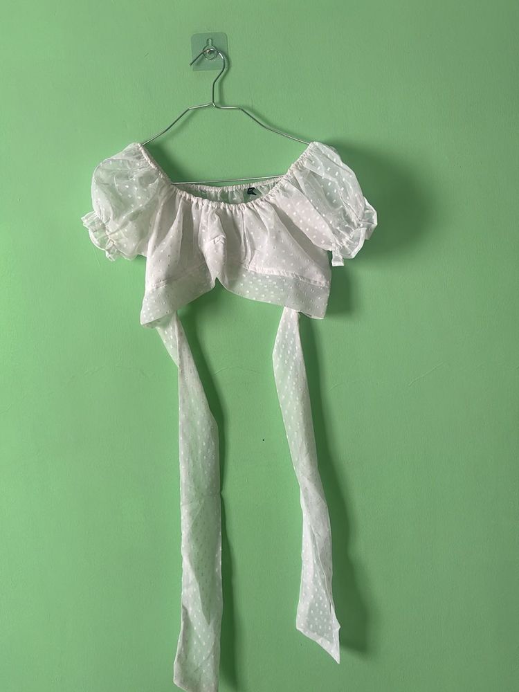 White Sheer Polka Dot Crop Top with Tie