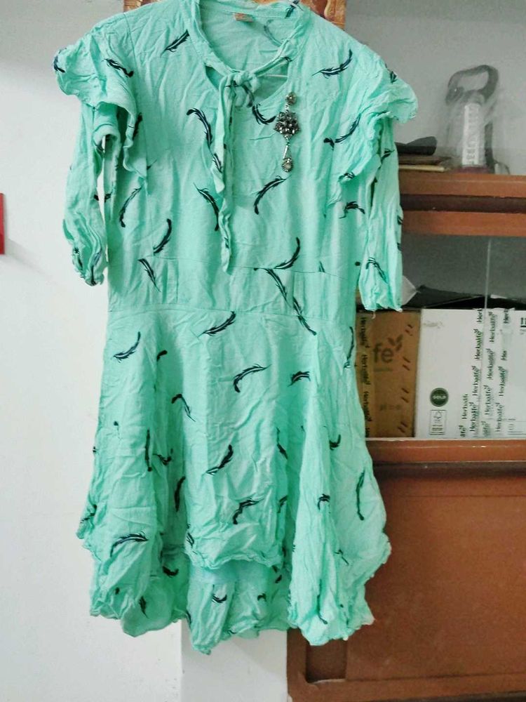 159.Cute Teal Feather Print Dress