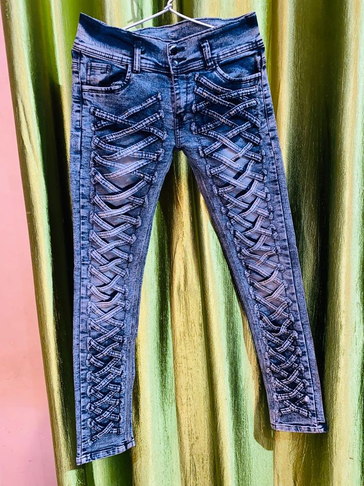 Distressed Lace-Up Detail Jeans