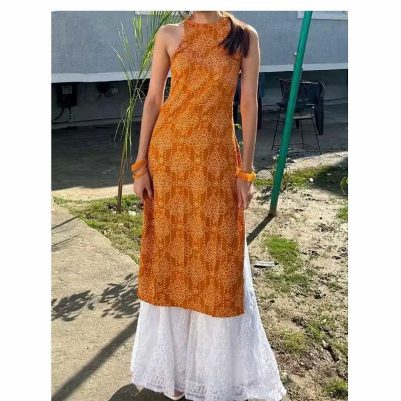 Elegant Orange Printed Kurta Set
