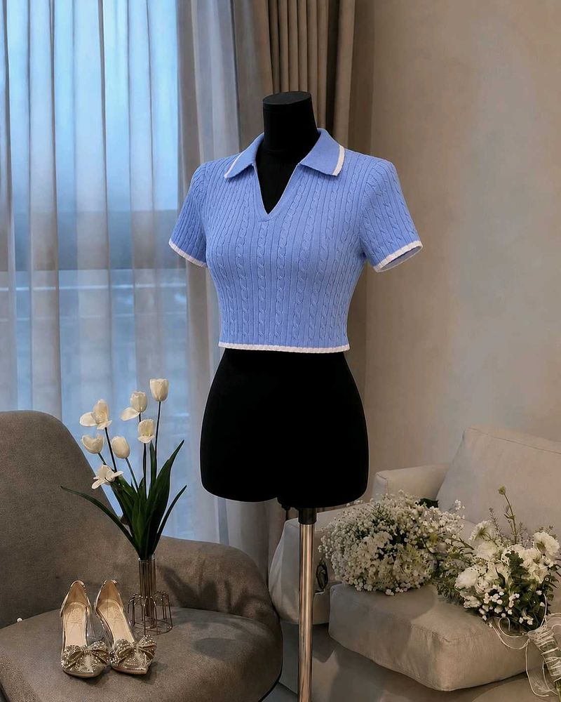 Cute Blue Cable Knit Crop Top 🪢