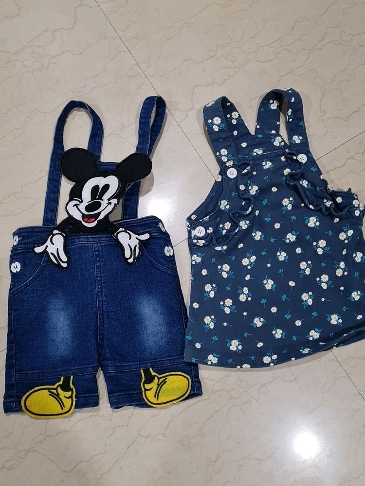 Mickey Mouse Denim Overalls &amp; Floral dungree Set