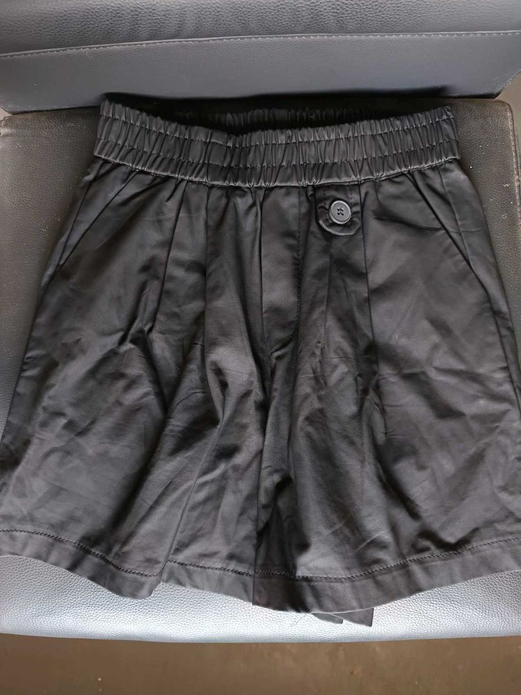 Black Leather Pleated Shorts with Button Detail