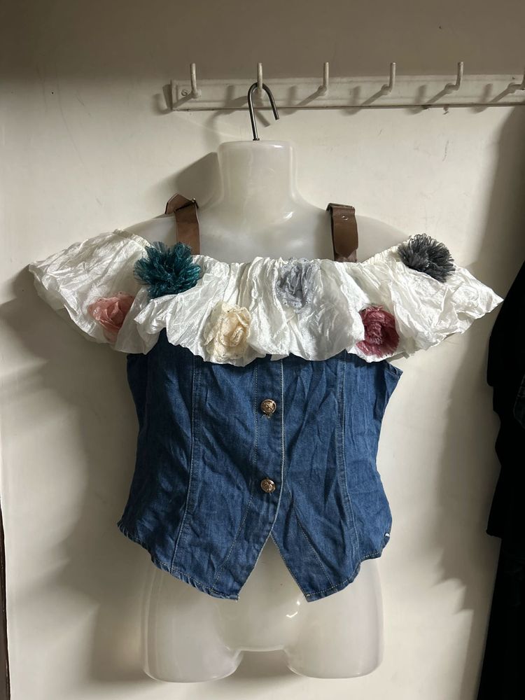 Off-Shoulder Denim Top with Floral Embellishments