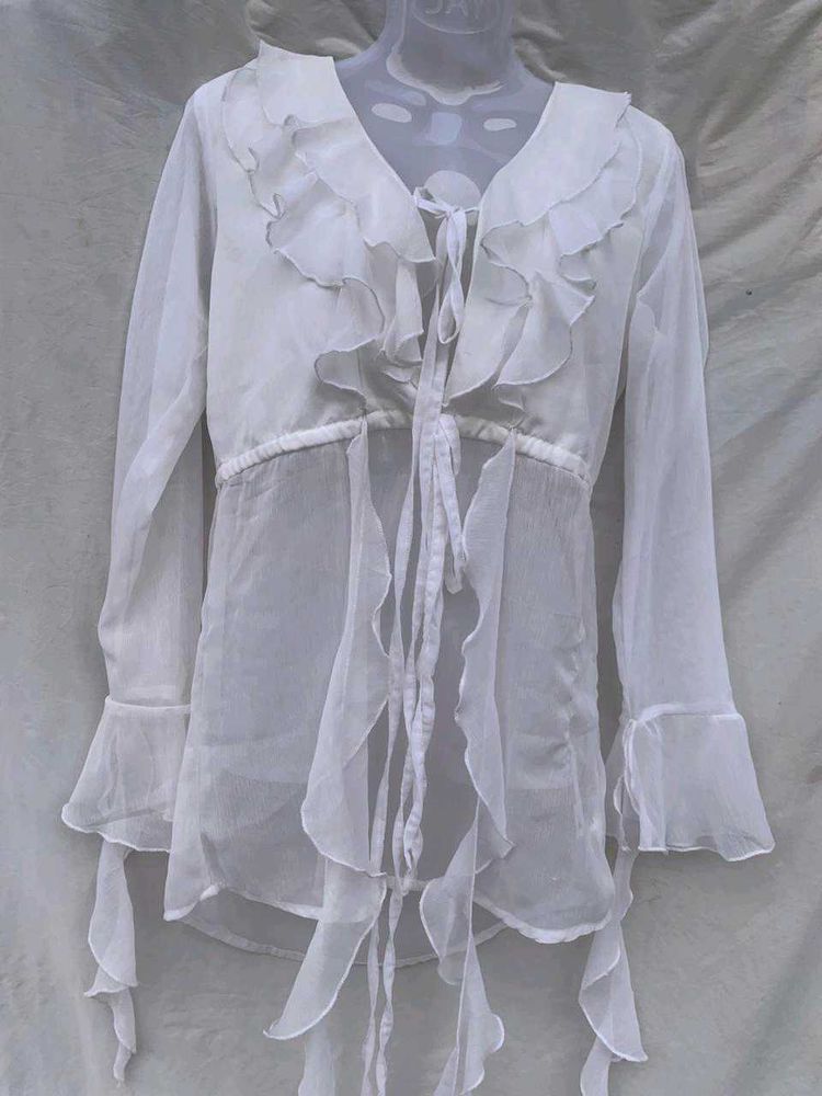 Sheer White Ruffle Tie-Front Top