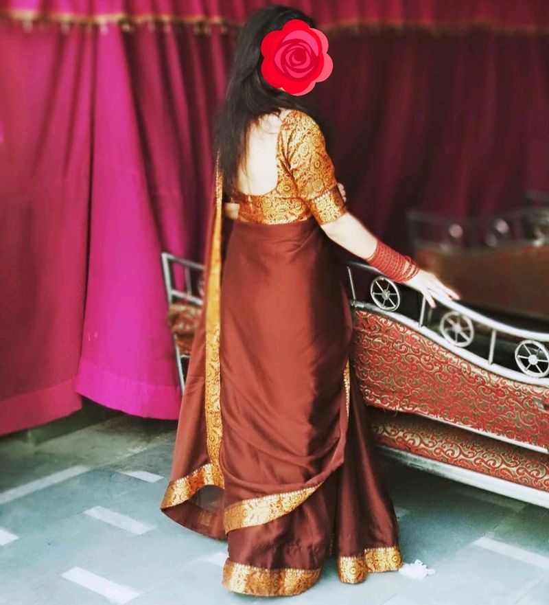 Beautiful brown saree with brocade padded blouse