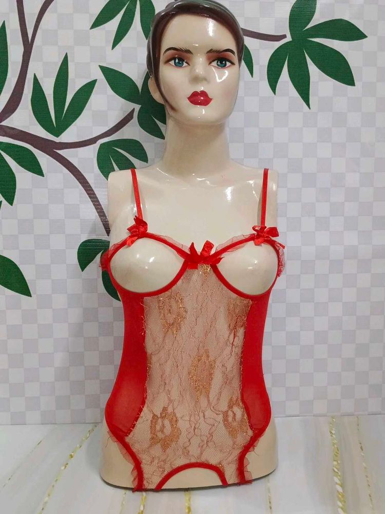 (720)Red Lace Lingerie Bodysuit