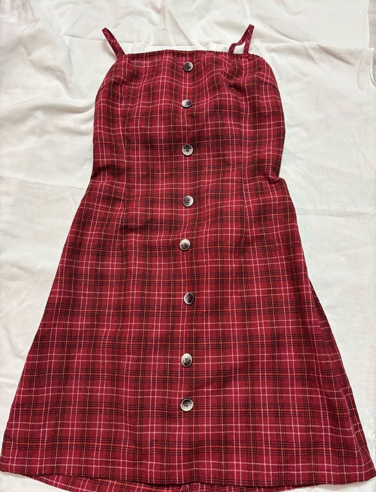 Red Plaid Button-Front Mini Dress