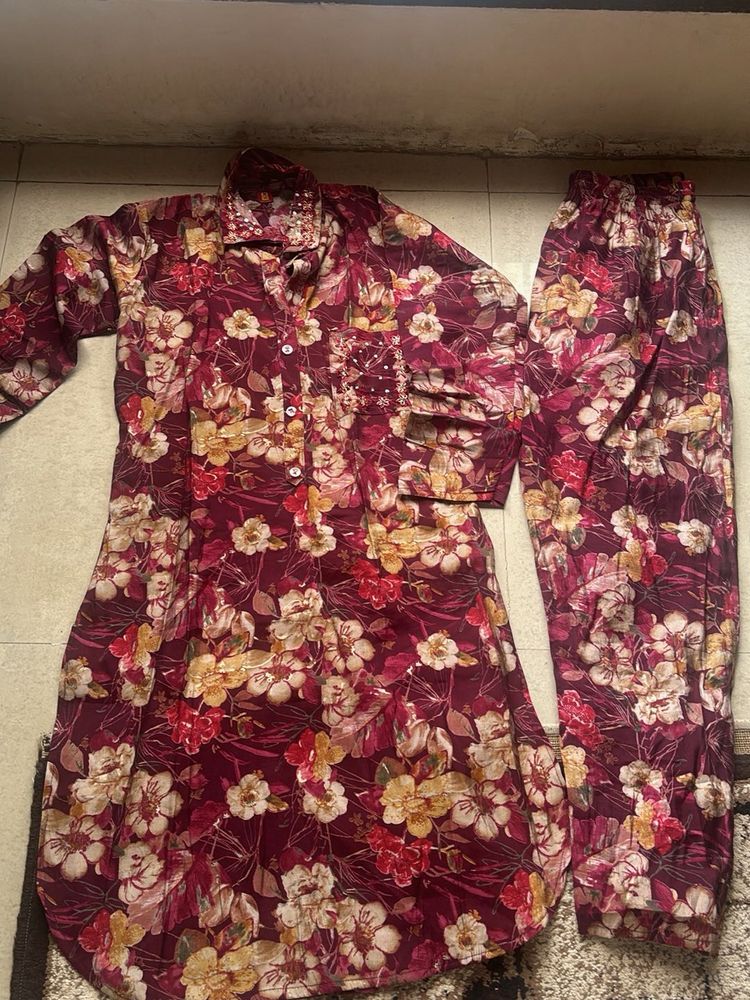 Maroon Floral Print co-ord kurta Set