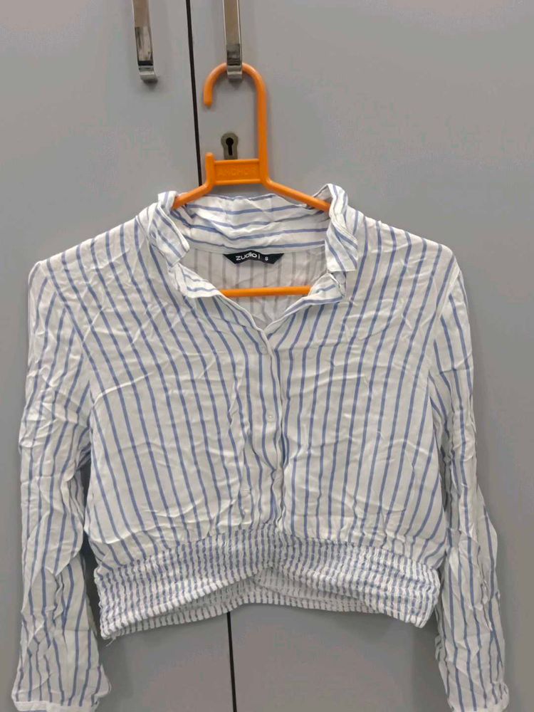 Striped Cropped Button-Up Shirt