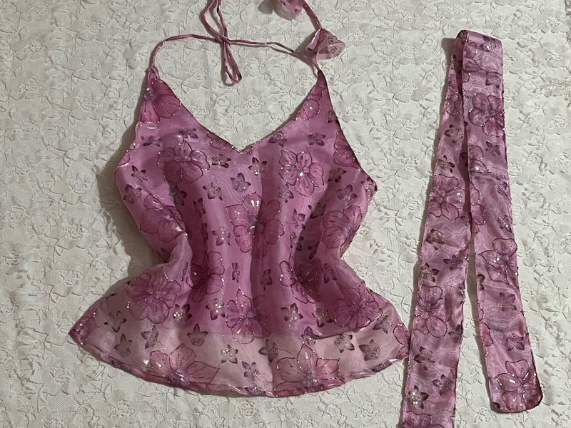 Pink Chatpate backless halter top with Dupatta