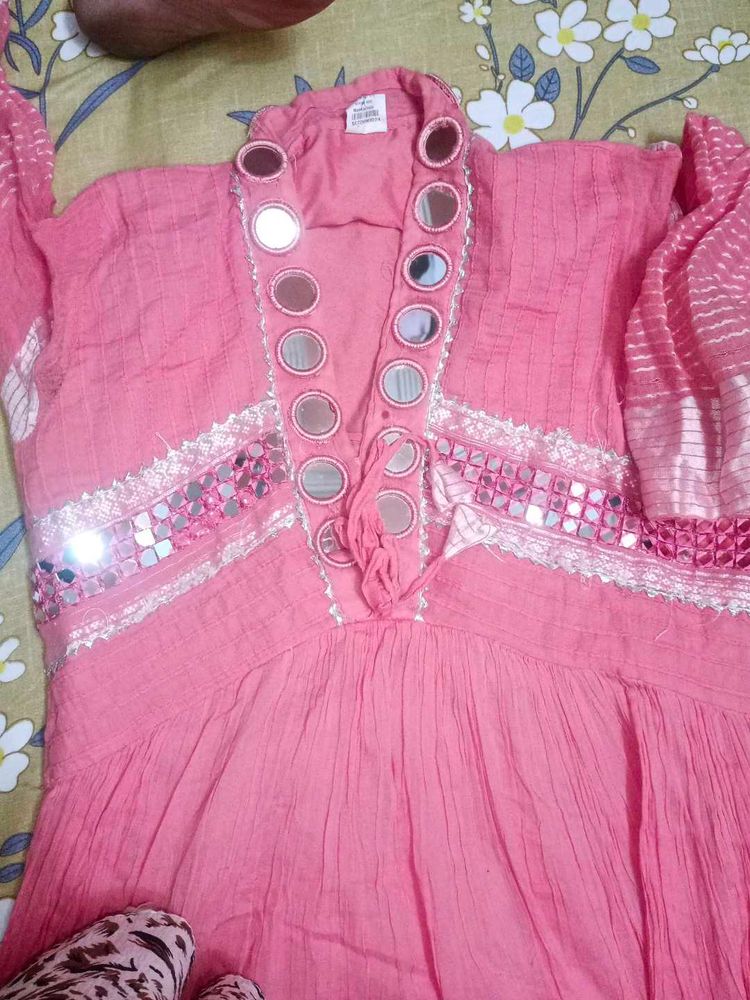 Pink Mirror Work Kurta