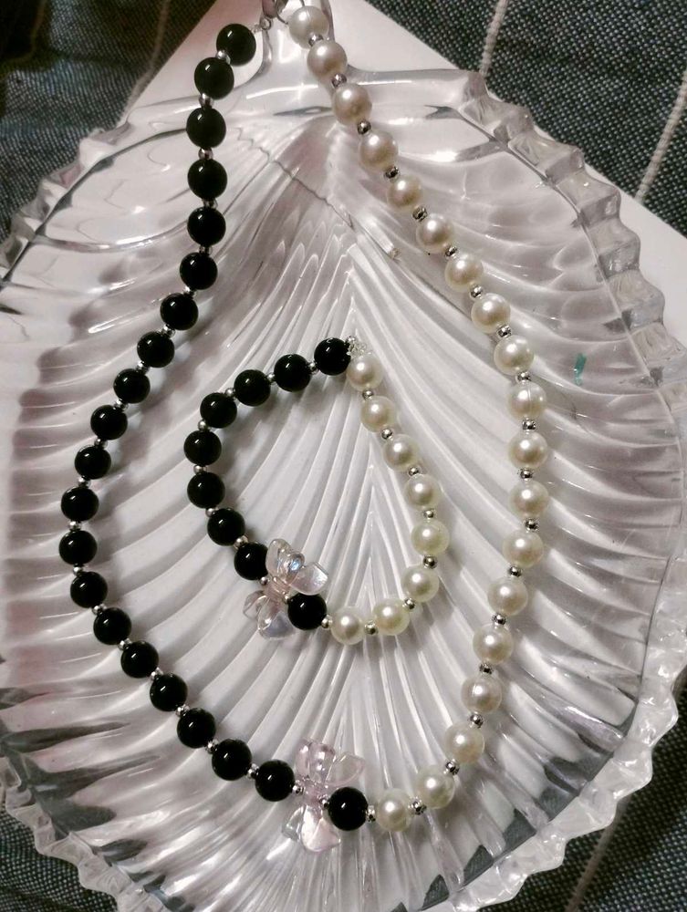 Black and White Pearl Necklace &amp; Bracelet Set