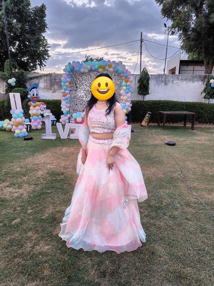Pink &amp; White Printed Lehenga Choli Set