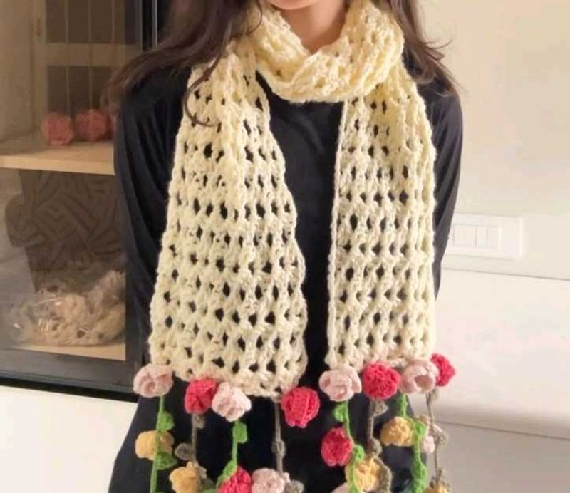 Cream Crochet Scarf with Floral Tassels