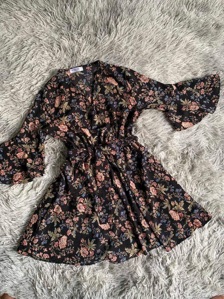 Black Floral Print Mini Dress