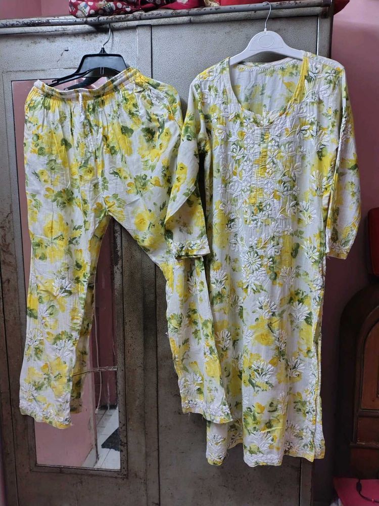 Yellow Floral Kurta pant Set