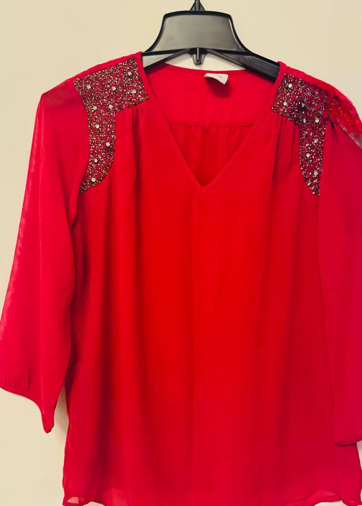Elegant Red Beaded Shoulder Top
