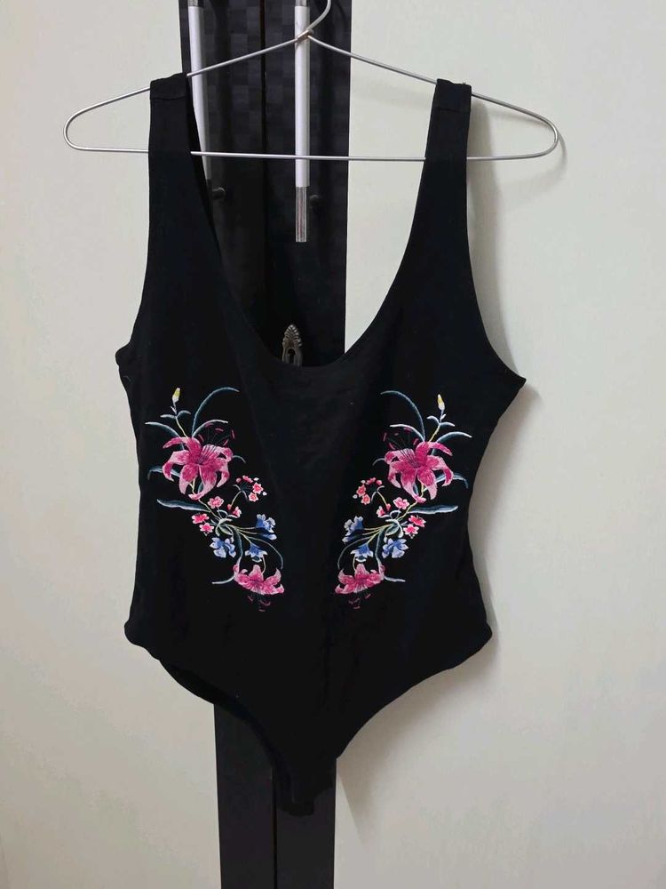 Black Embroidered Bodysuit