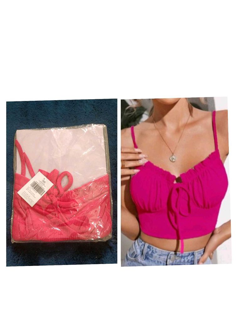 Hot Pink Tie-Front Ruched Crop Top