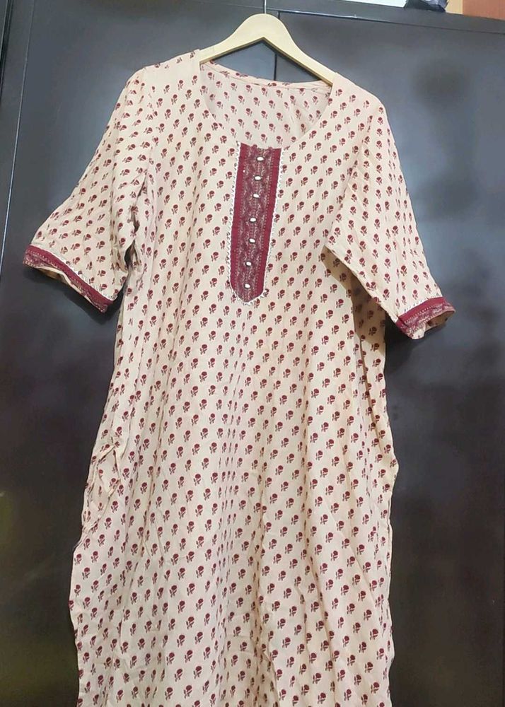 Nude Color Kurta Maroon Floral Print For 48 Bust