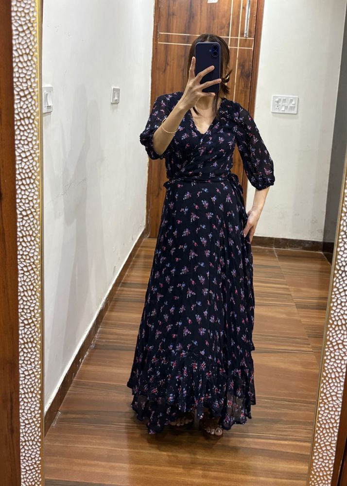 Navy Blue Floral Wrap Maxi Dress