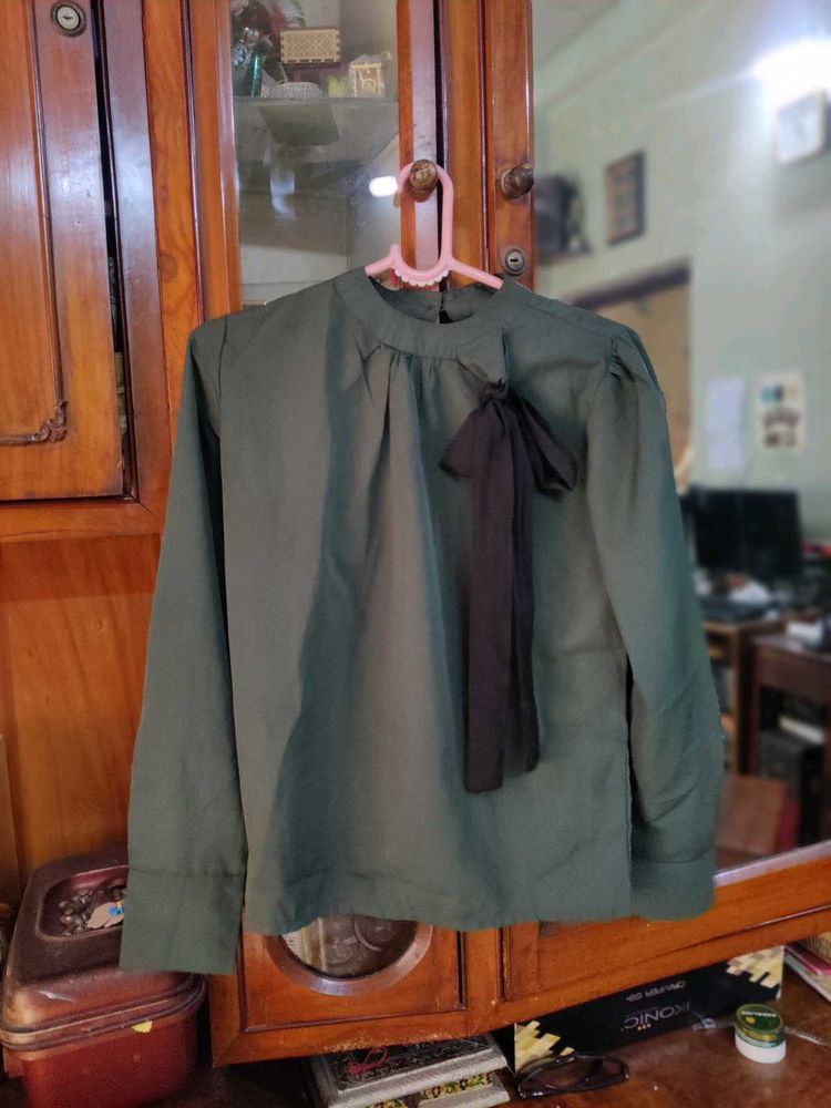 Bottle Green Formal Office Wear Top Black Ribbon