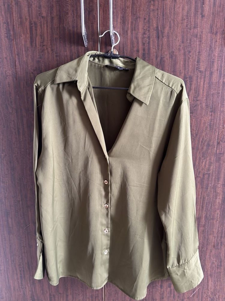 Chic Olive Green Satin Shirt