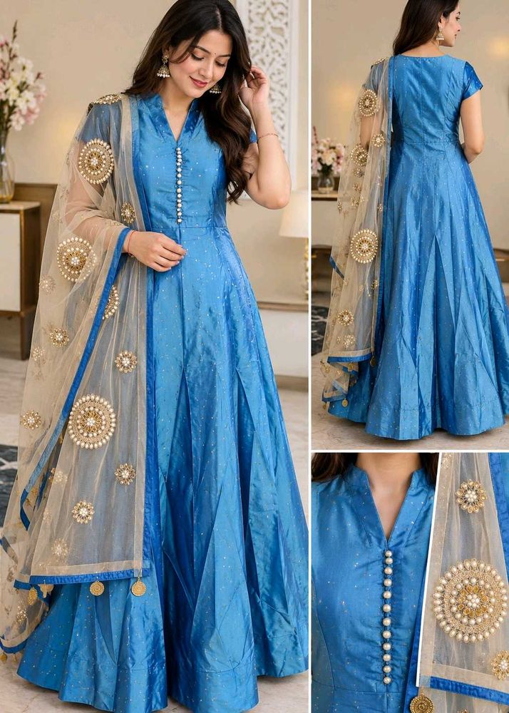 Blue Satin Ethnic Gown with Embellished Dupatta