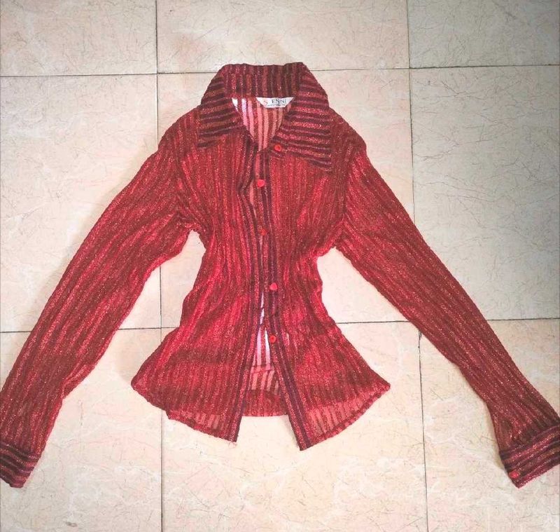 Sparkly Red Striped Button-Up Blouse📍🎁🍁