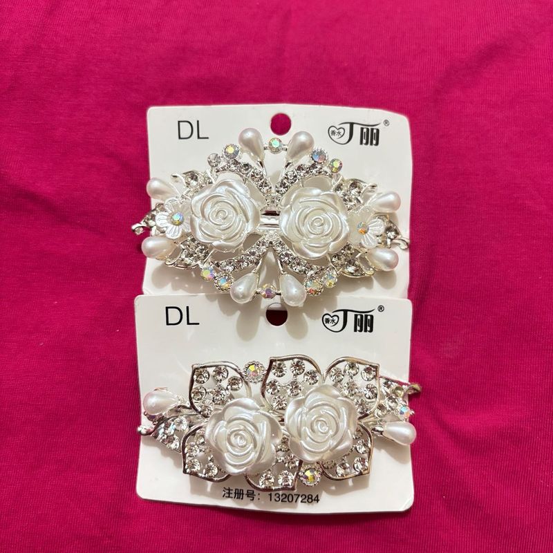 Elegant White Rose &amp; Pearl Hair Clips Set of 2