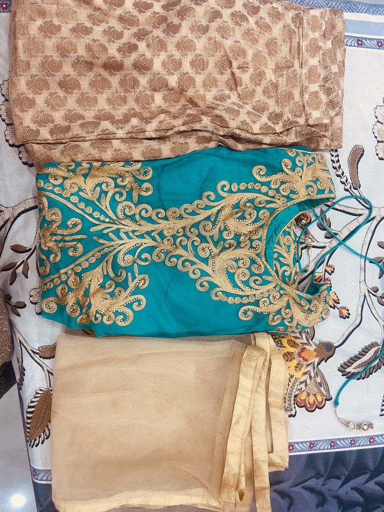 Teal &amp; Gold Embroidered Salwar Kameez Set